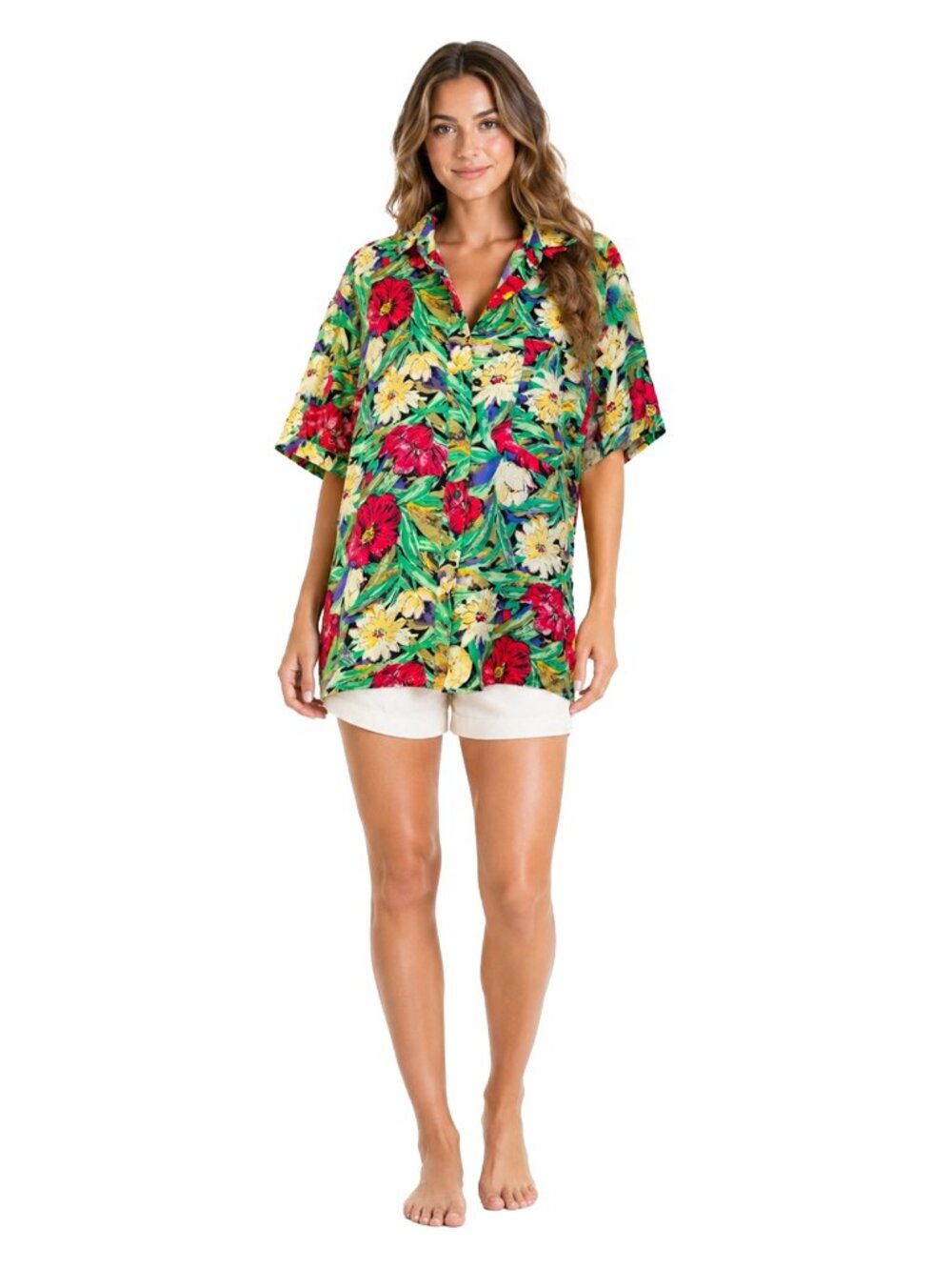 Clio Silk Tropical Floral Button Down Blouse M Oversized Resort Core